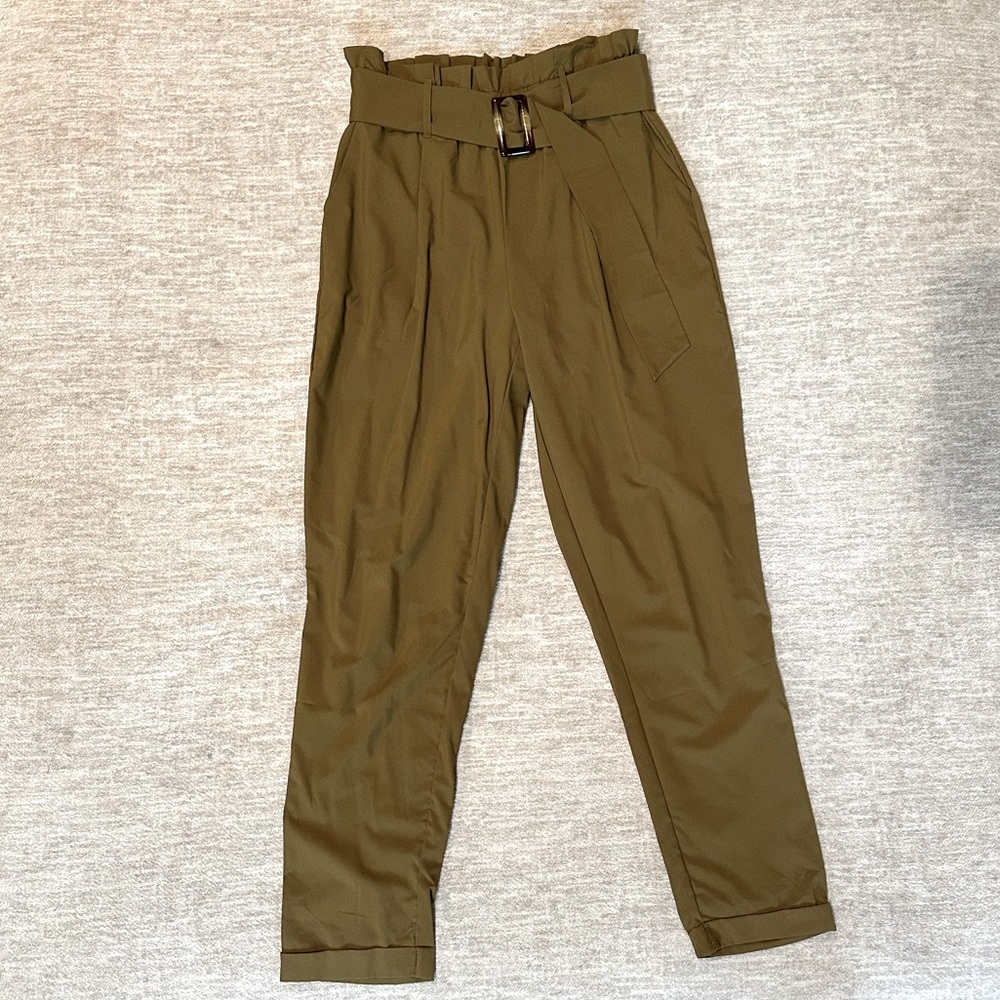 Olive Khaki Paperbag Waist Pleated Tapered Trousers
